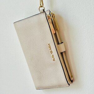 Michael Kors Adele Double-Zip Pebbled Leather Wristlet Wallet Cream NWOT